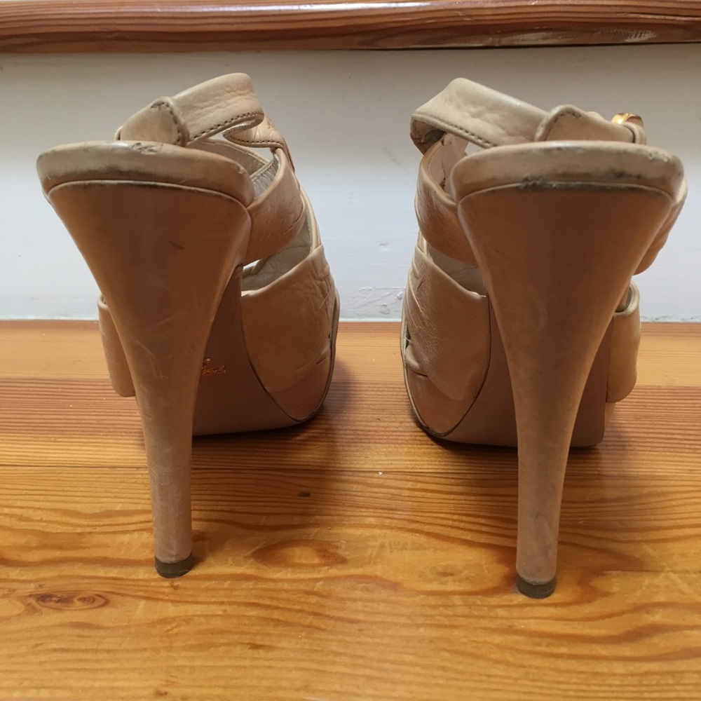 Prada Platform Heels Sandals Crisscross Ruched Slingback Nude Beige size 39.5 - Picture 4 of 16